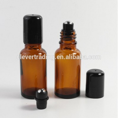 20ml amber glass roll on bottle with metal roller and black cap